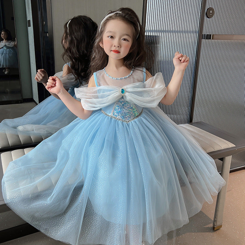 Short Sleeve Elsa Princess Mesh Bubble Children's Dress