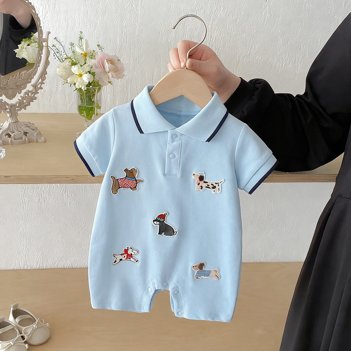 Collar Jumpsuit Card Cute Puppy Patch Short-sleeved Rompers Outing Shorts Jumpsuit, Climbing Suit