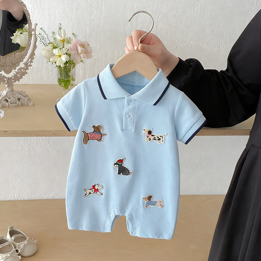 Collar Jumpsuit Card Cute Puppy Patch Short-sleeved Rompers Outing Shorts Jumpsuit, Climbing Suit