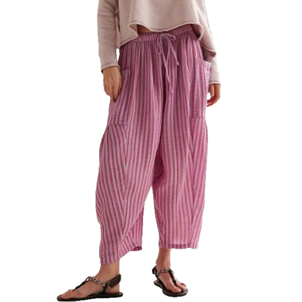 Women's Stripes Elastic Waist Cropped Pleated Breathable Contraction Pants