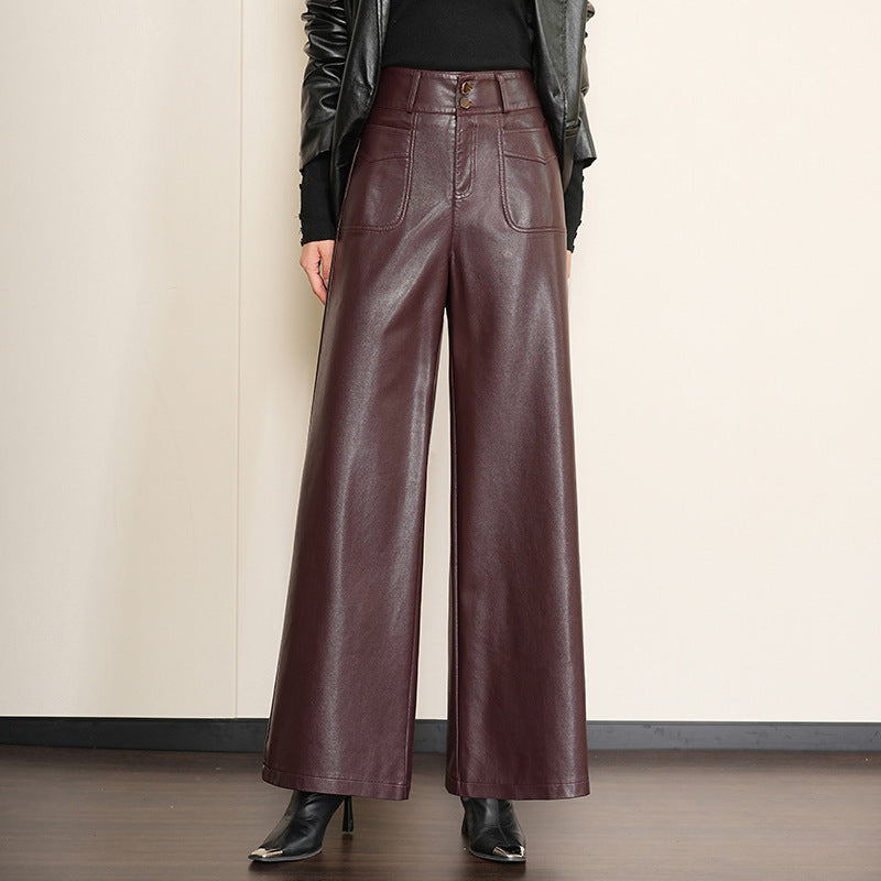 Women's Waist Wide Leg Sheep Leather Loose Trousers Pants