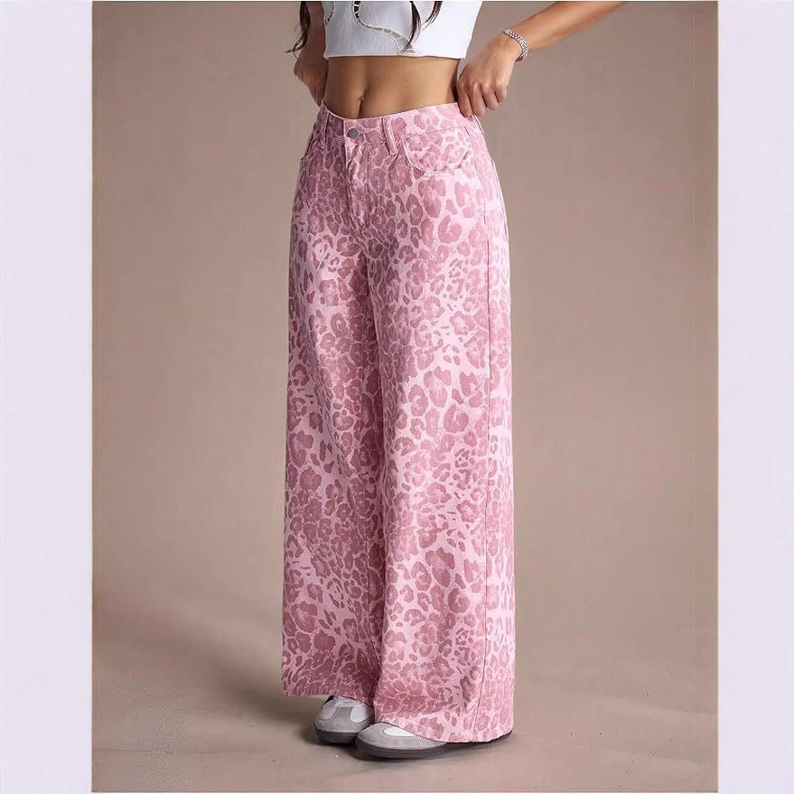 Women's Pink Leopard Summer Fashion Loose Casual Straight Pants
