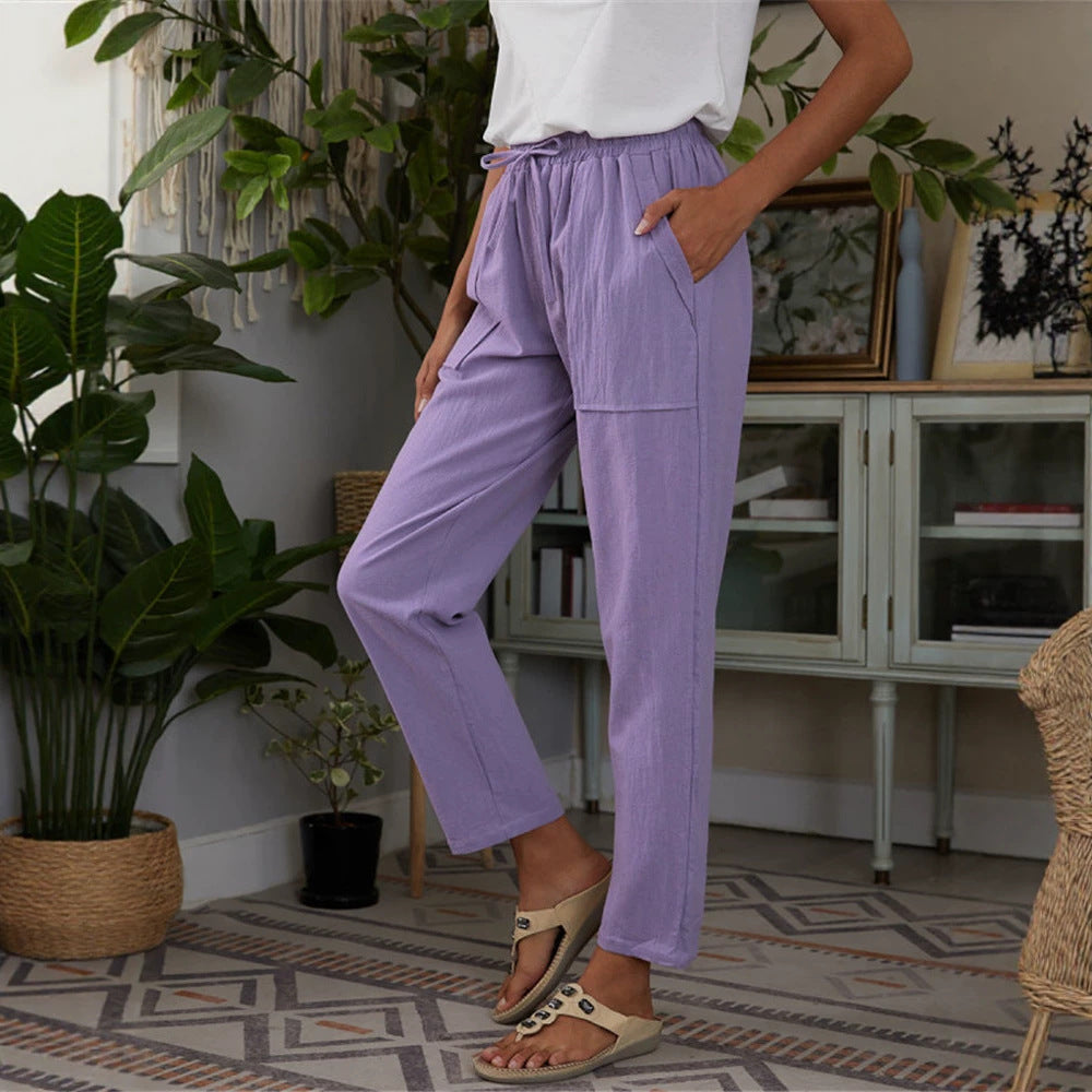 Women's Solid Color Large Pocket Elastic Waist Cotton Linen Casual Pants