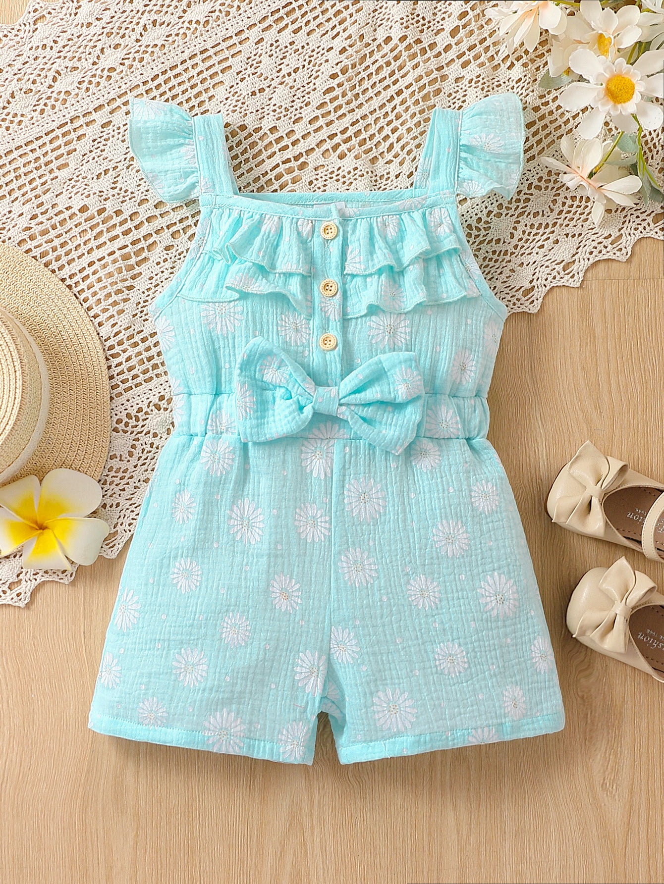 Children's Summer Full Print Little Daisy Flounced Sleeve Single-breasted Jumpsuit Children's Pants