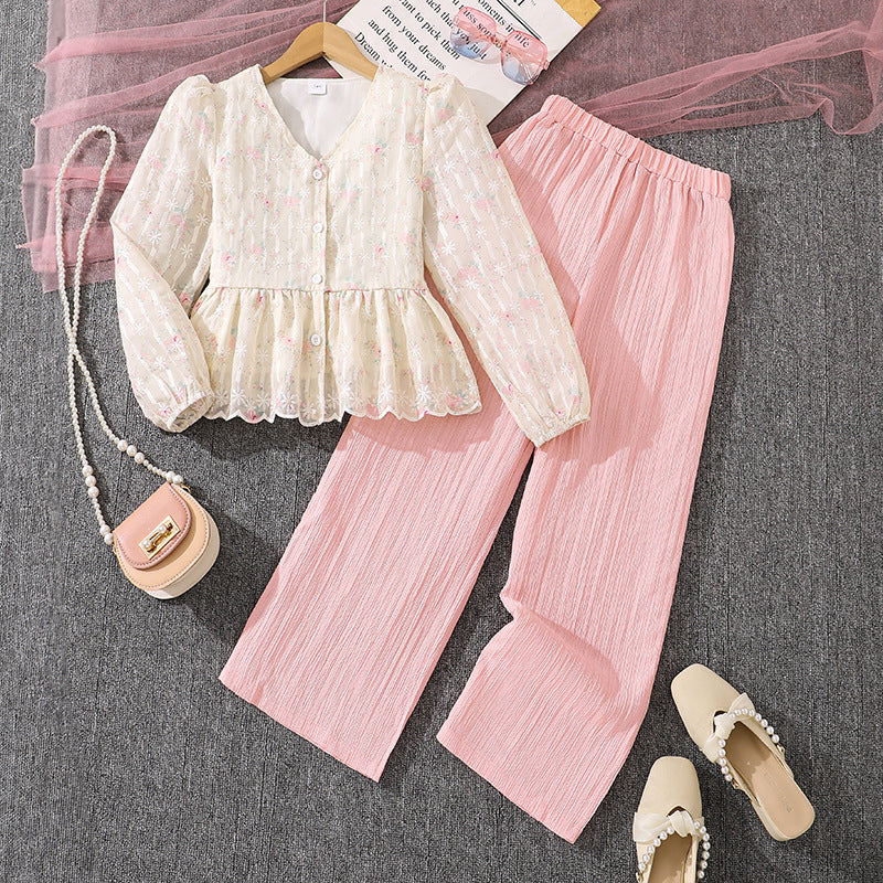 Children's Clothing Spring Fashion Sweet Temperament Lace Crocheted Long Sleeve Top Children's Suit