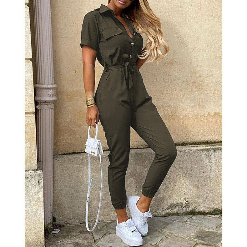 Women's Summer Trousers Lapel Button Printed Belt Casual Pants