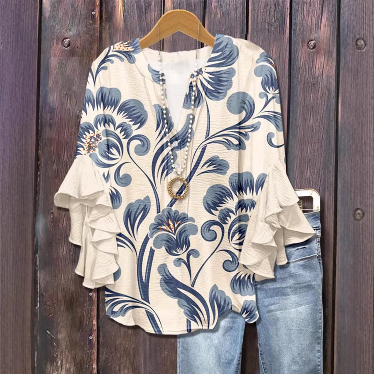 Women's Creative Flower Element Digital Printing Casual Tops