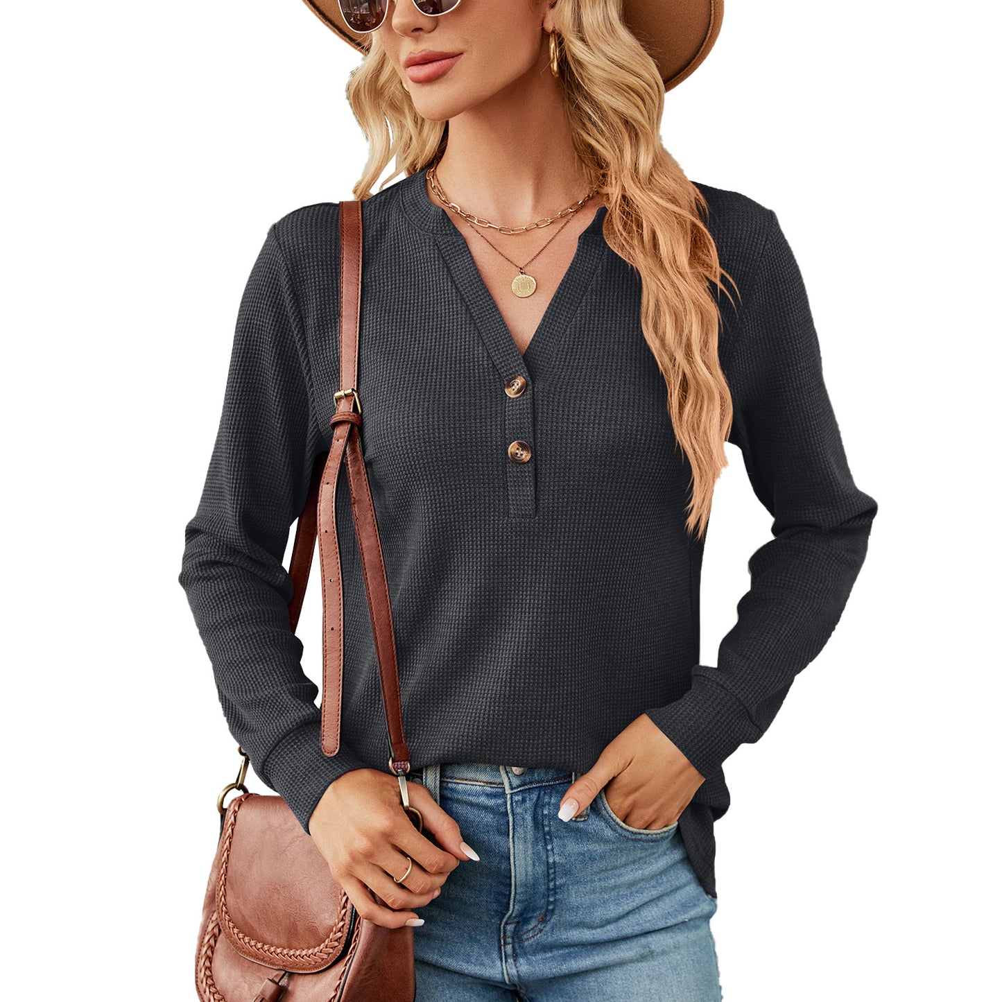 Women's Solid Color Button Loose Long-sleeved Women's T-shirt