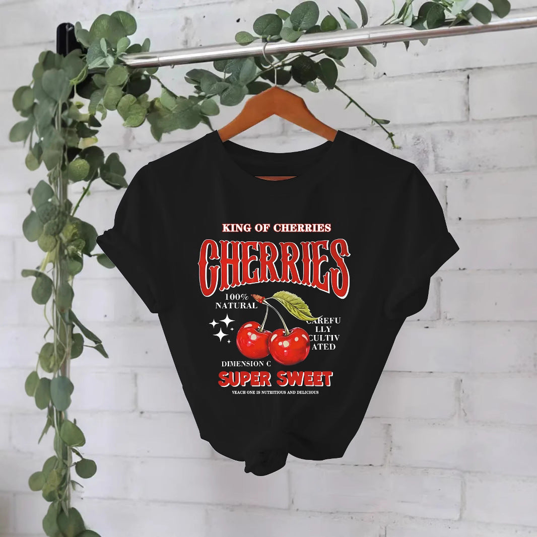 Cherry Fruit Printed Sleeve Loose Fashion Women's T-shirt