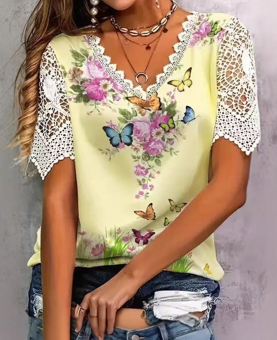 Women's Lace Stitching Fashion Printing Sleeve Female Tops