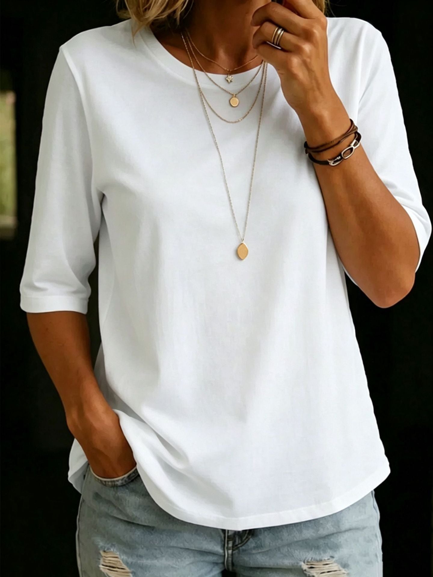Women's Casual Round Neck Shoulder Half Sleeve Women's T-shirt