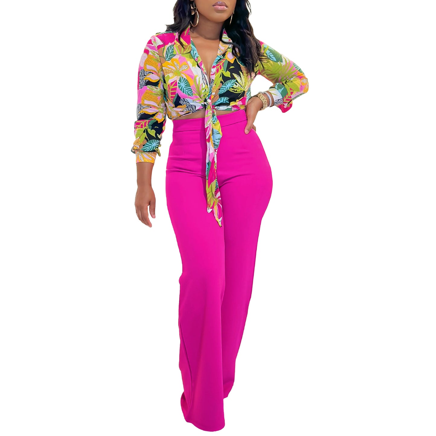 Women's Autumn Print Lapel Long Sleeve Shirt Wide Leg Two-piece Fashion Casual Suit