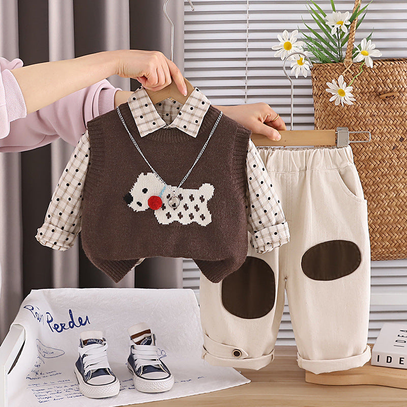 Handsome Little Boy Sweater Vest Three-piece Children's Suit