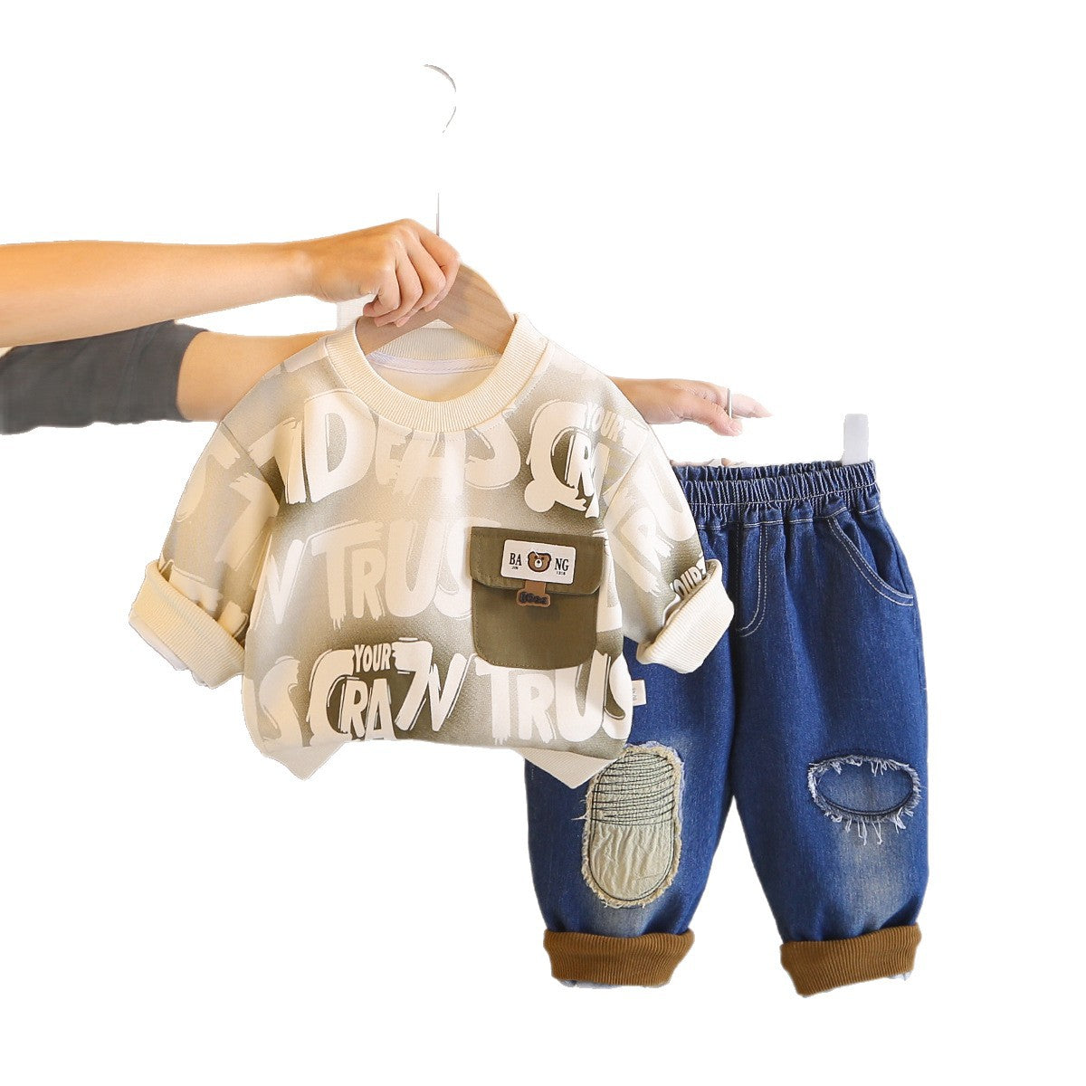 Children's Fashion Two-piece Korean Style Western Full Printed English Round Neck Children's Suit