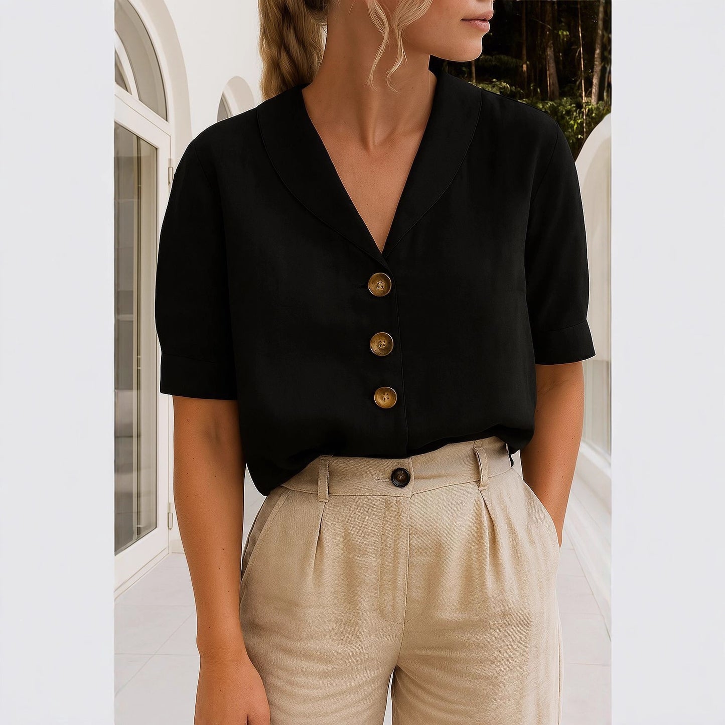 Women's Casual Long Sleeve Cotton Linen Solid Color Blouse
