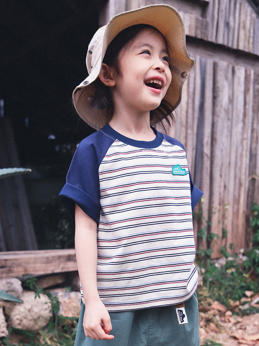 Children's Striped Short-sleeved Summer Boys Contrast Color Raglan Sleeve Cotton Children's T-shirt