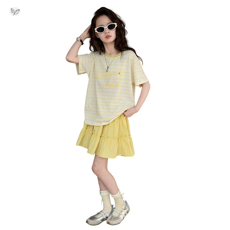 Summer Clothing Middle Big Sweet Stripes T-shirt Lace Skirt Short Children's Suit