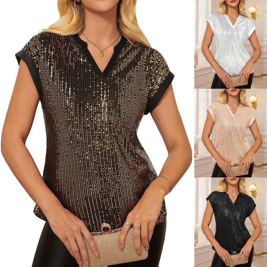 Unique Women's Fashionable Sequins Sleeve Party Lace Shirt, Chiffon Shirt