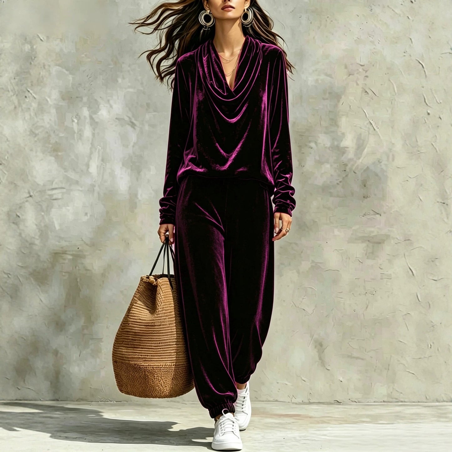 Women's Draped Collar Long Sleeve Ankle Banded Pants