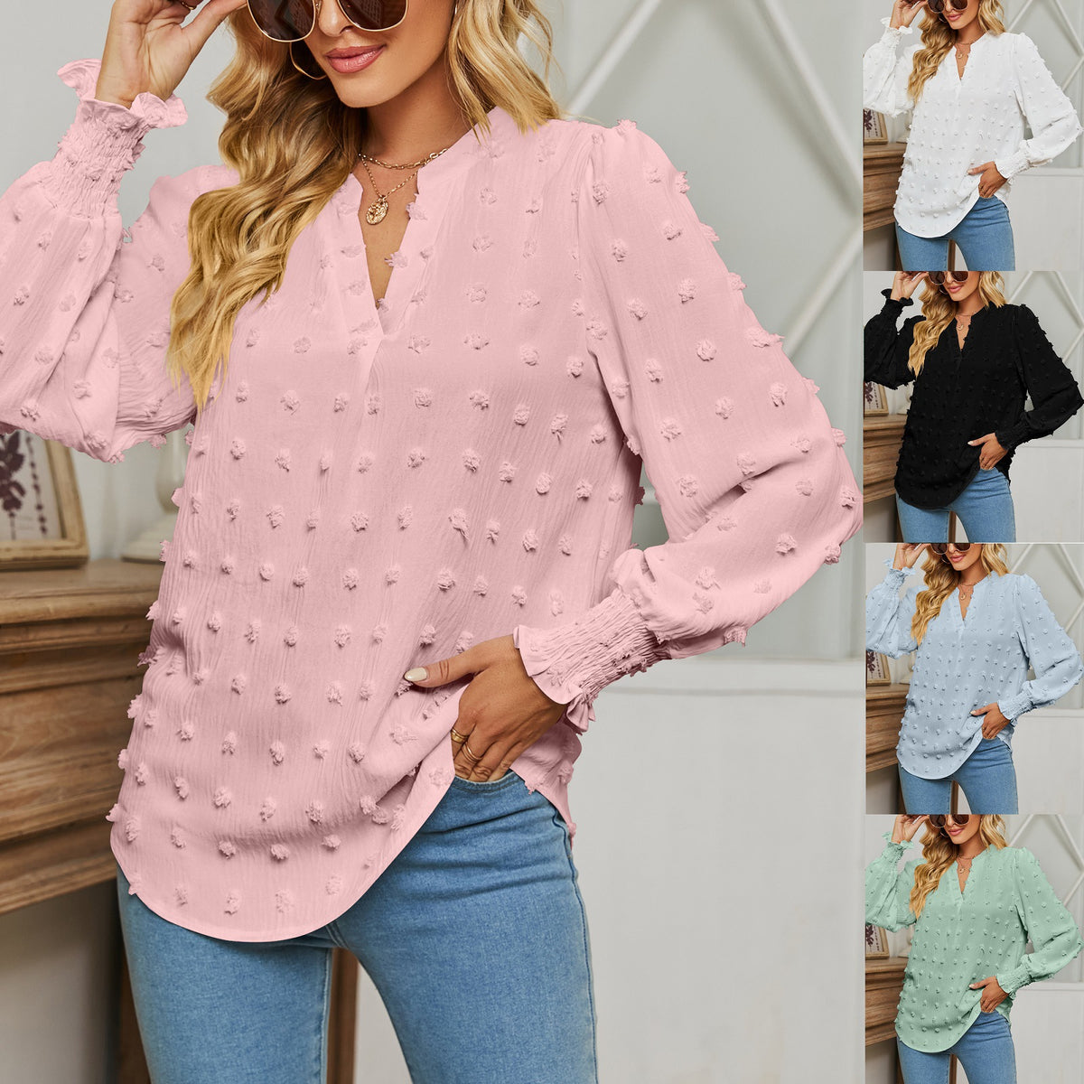 Women's Autumn Polka Dot Long-sleeved Bubble Sleeve Tops