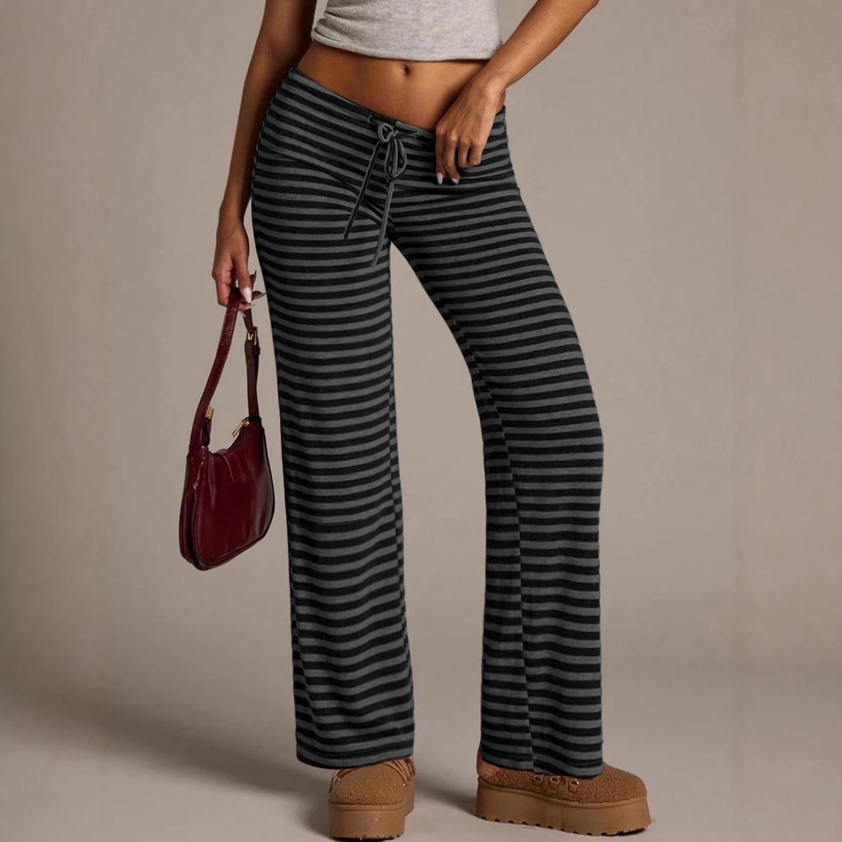 Women's Striped Drawstring Retro Home Mop Straight Casual Pants
