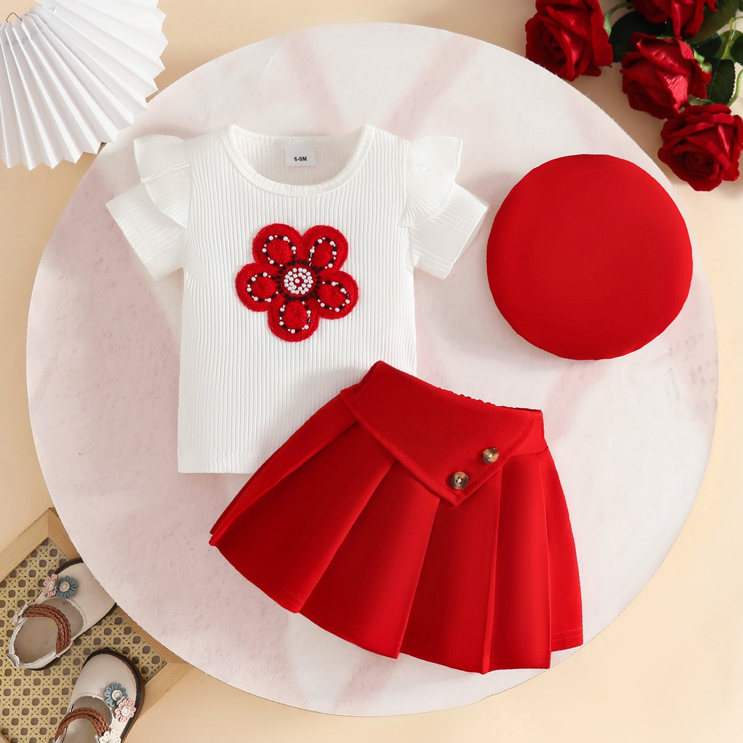 Summer Fashion Short-sleeved Shirt Pleated Skirt Beret Flower Button Children's Suit