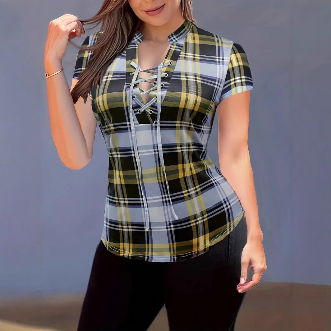 Fashion Plaid Printed Stand Collar Chest Tied Slim Women's T-shirt