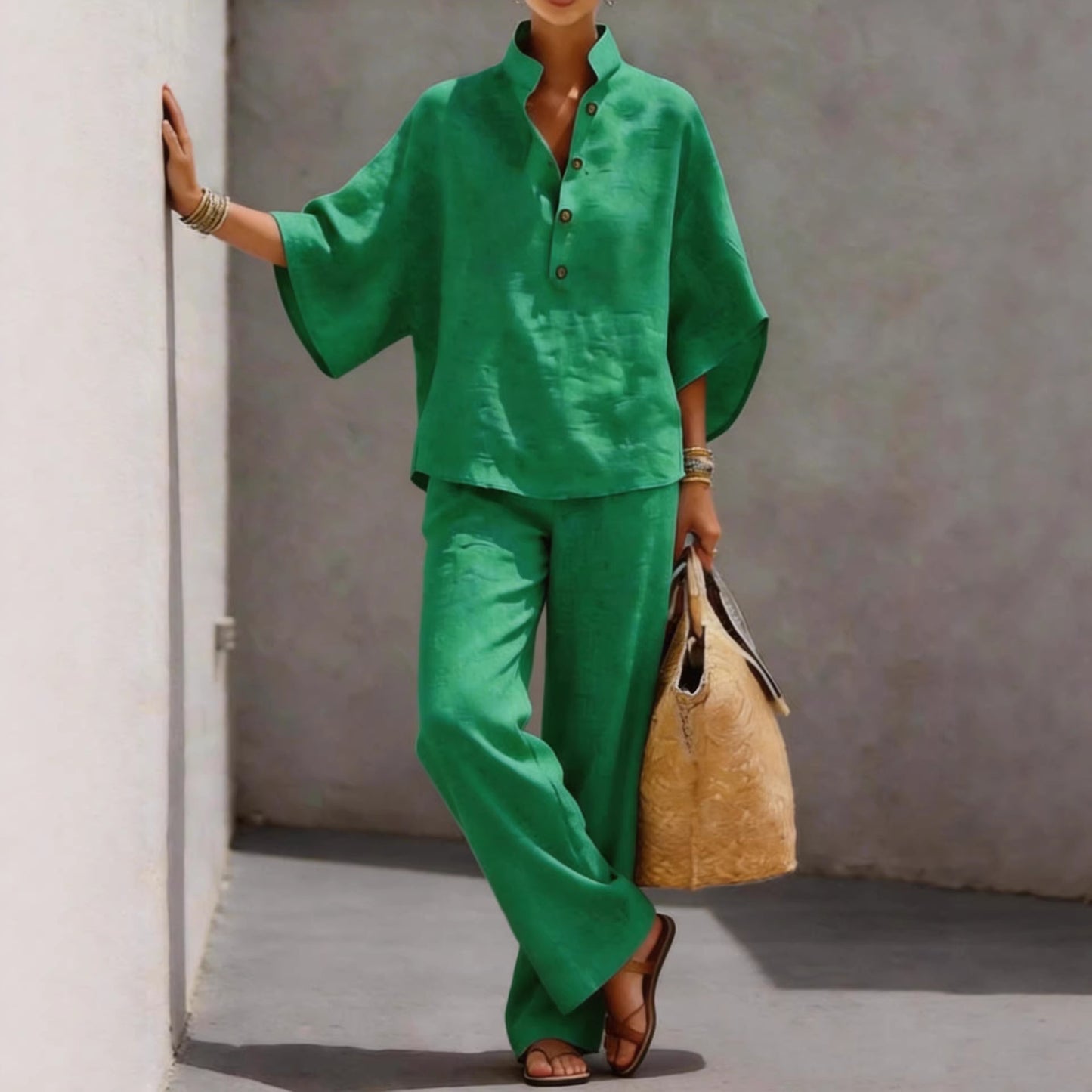 Pretty Women's Cotton Linen Shirt Two-piece Fashion Casual Suit