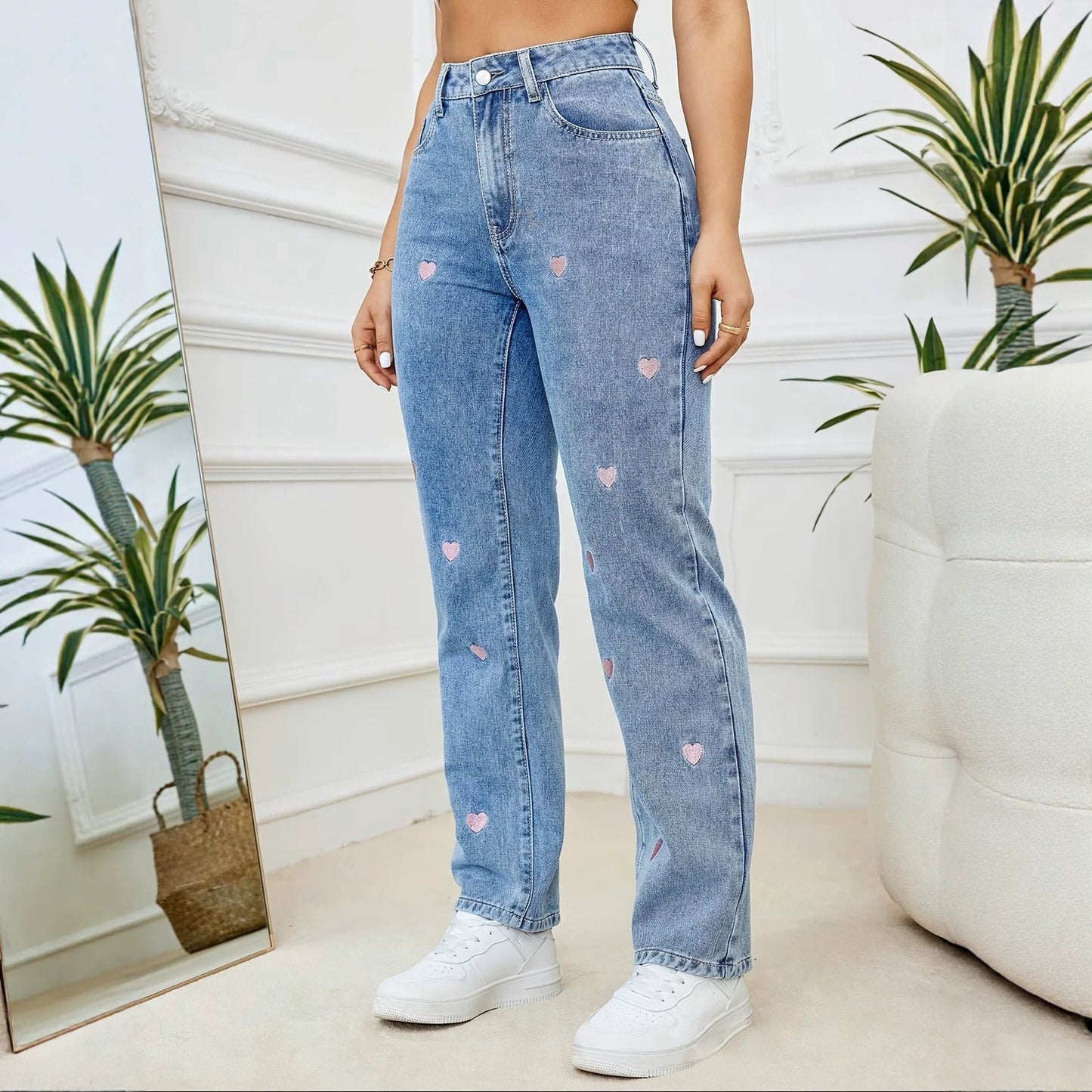 Women's Love Embroidered Straight Loose Elastic Denim Women's Jeans