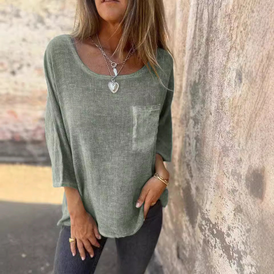 Women's Casual Fashion Cotton Linen Solid Color With Pockets Women's T-shirt