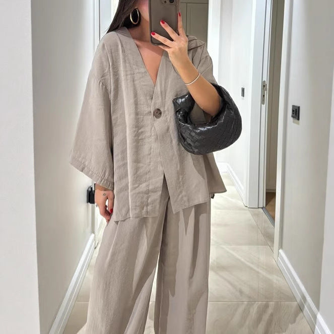 Women's Button Loose Long Sleeve High Waist Fashion Casual Suit