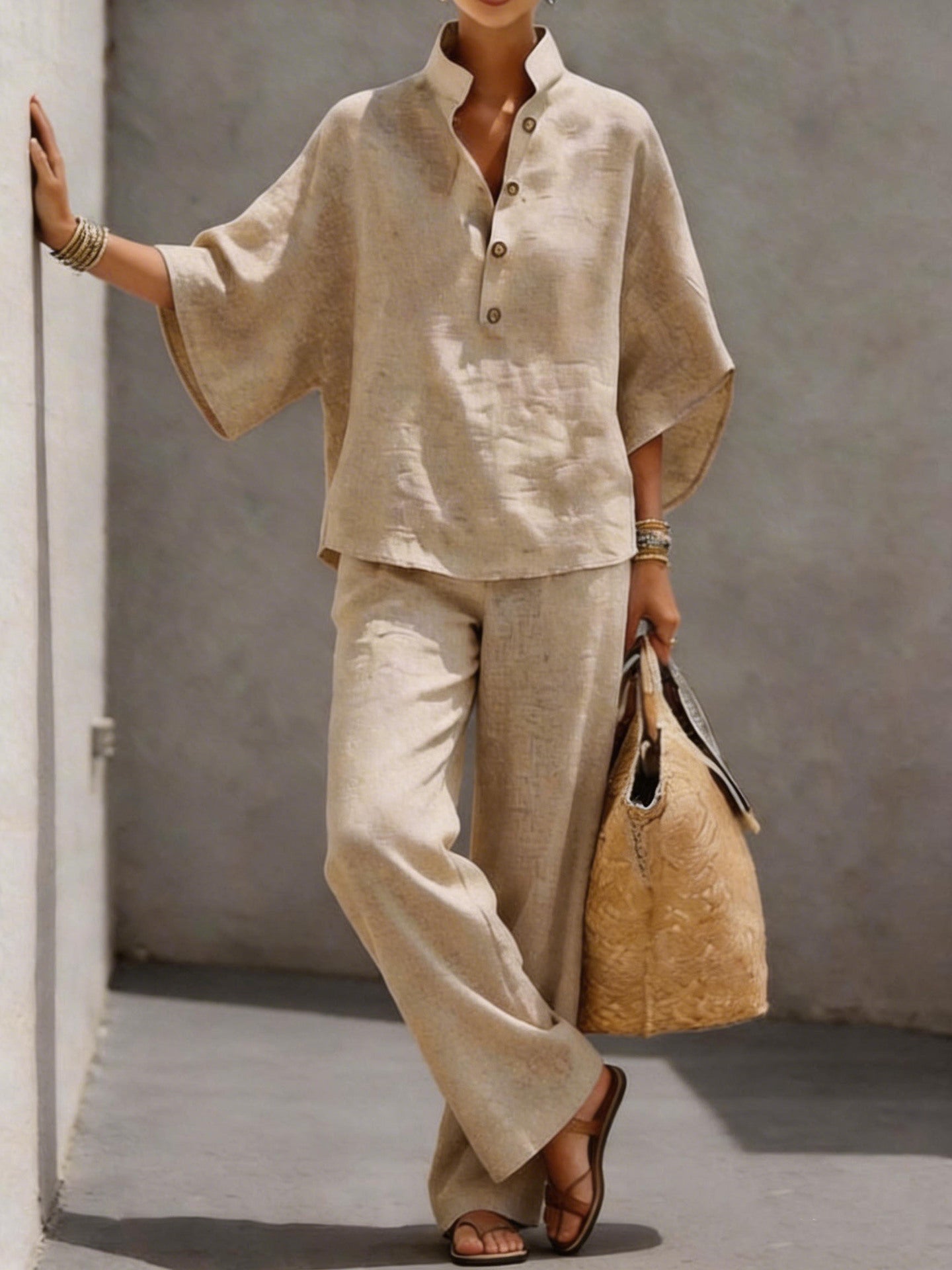 Pretty Women's Cotton Linen Shirt Two-piece Fashion Casual Suit