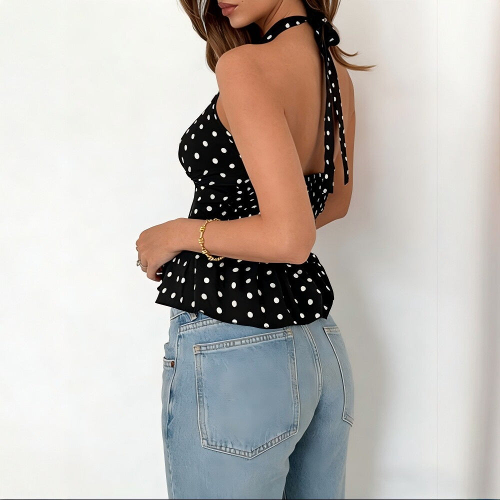 Retro Dots Printed Halter Backless Sexy Sling Elegant Tops