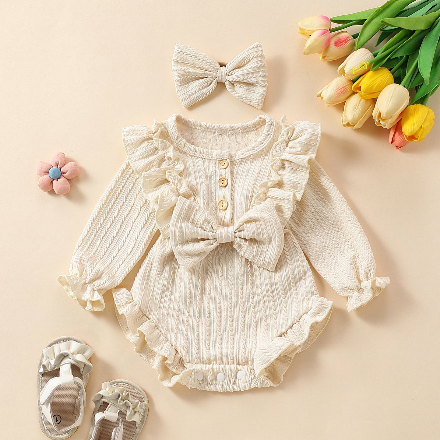 Long Sleeve Bowknot Sunken Stripe Romper Headscarf Two-piece Set Sweet Jumpsuit, Climbing Suit