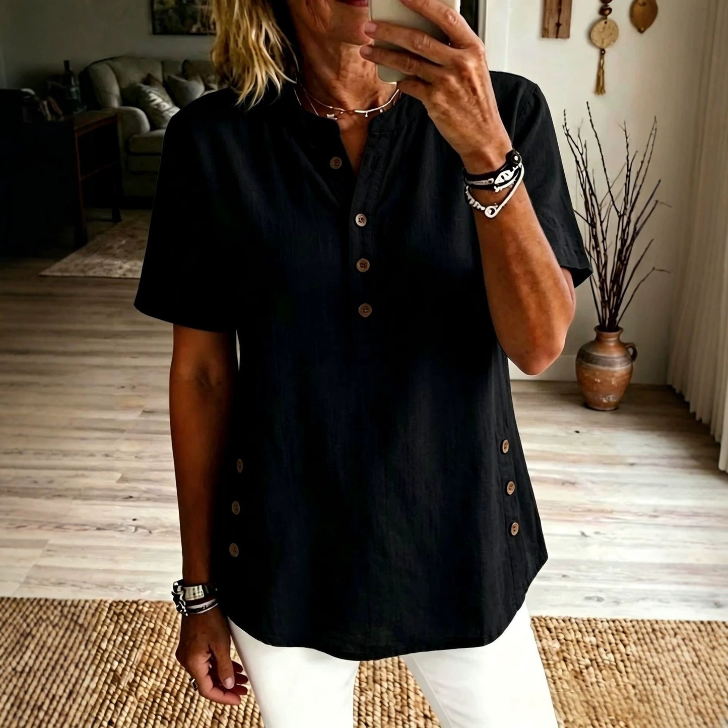 Women's Collar Half Sleeve Side Breasted Loose Casual Women's T-shirt