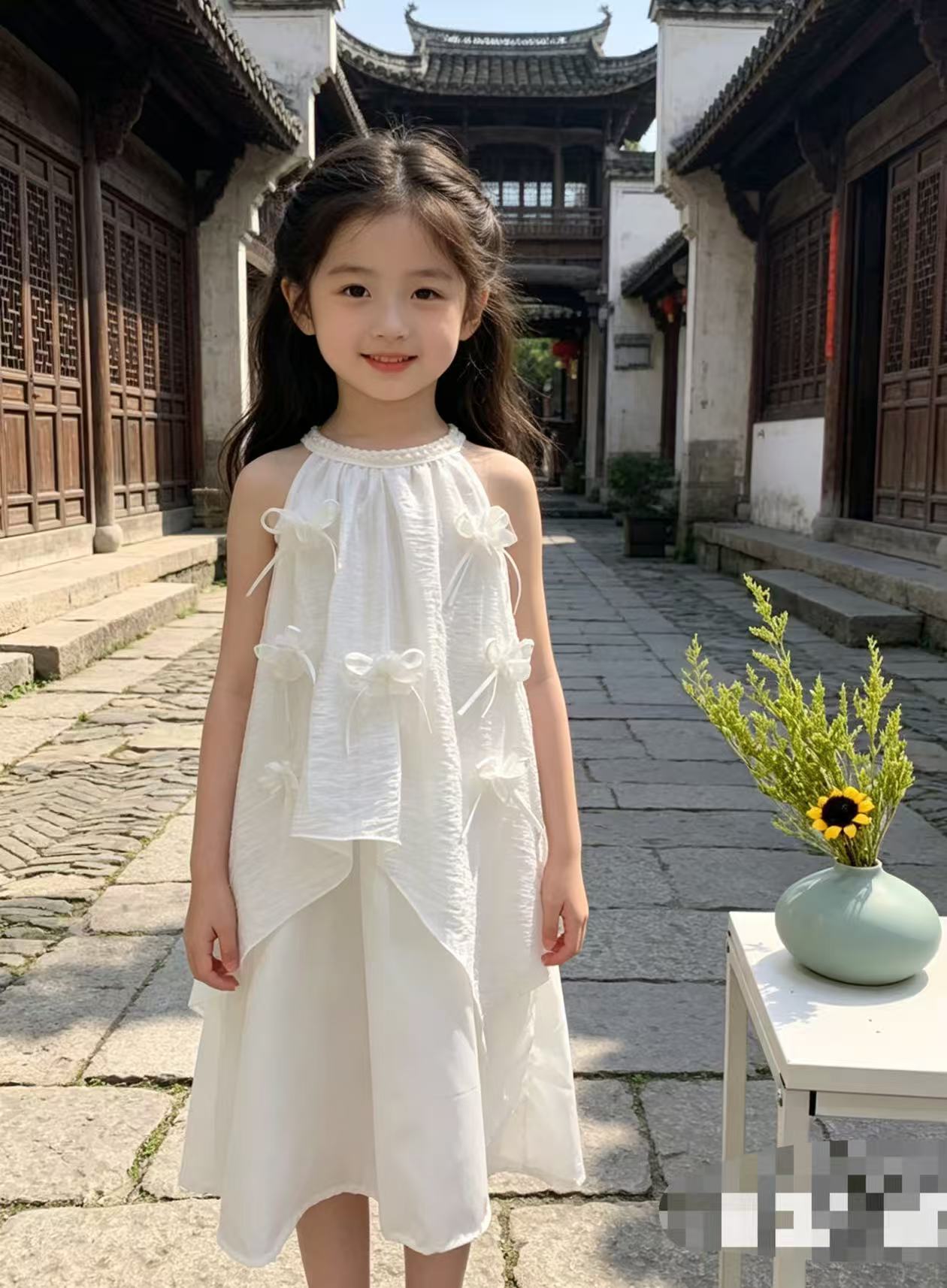 Children's Ethnic Style White Body Strap Braces Skirt Children's Dress