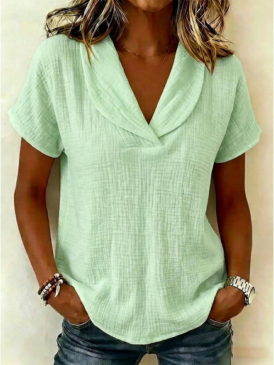 Women's Summer Woven Short-sleeved Shirt Doll Collar Clothing