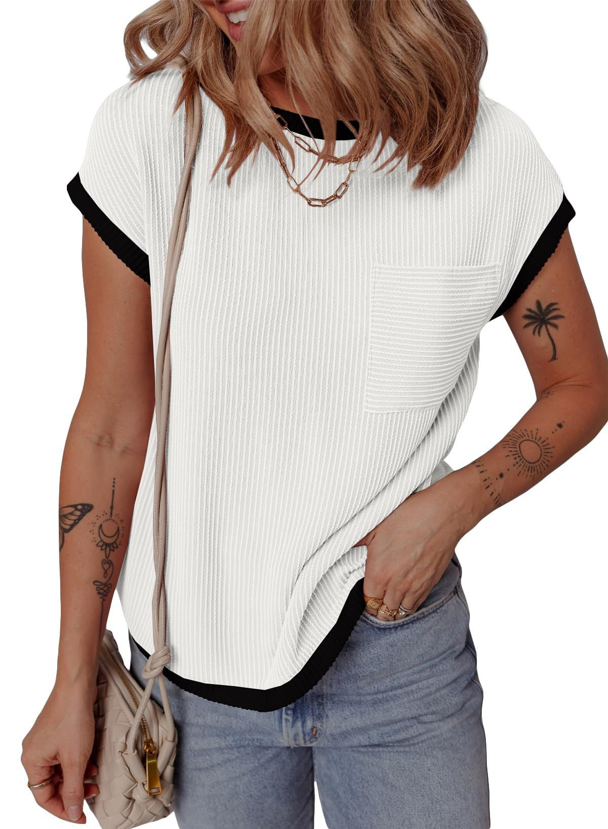 Women's Round Neck Knitted In Contrast Color Casual Twist Women's T-shirt