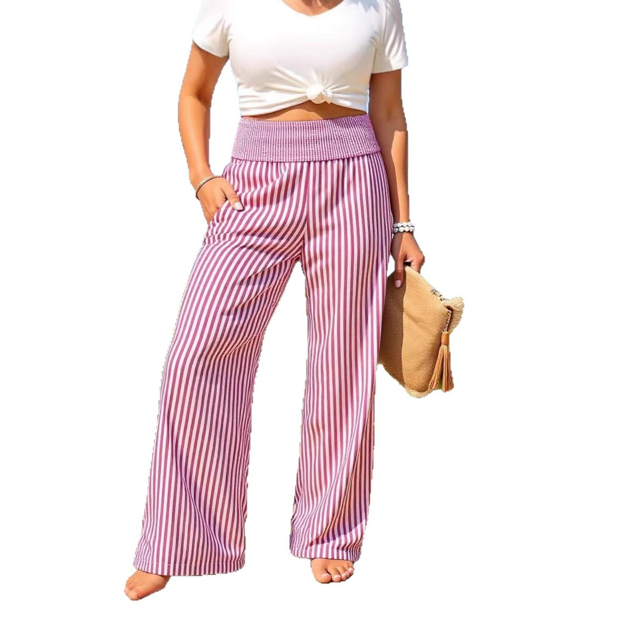 Women's Striped Smocking Trousers Fashion Loose Casual Pants