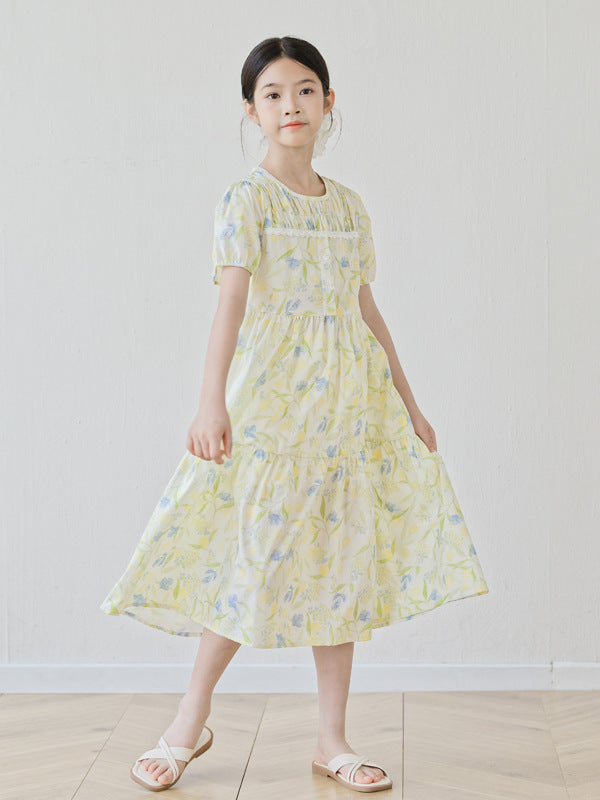 Floral Skirt Summer Bubble Sleeve Mid-length Printed Children's Dress