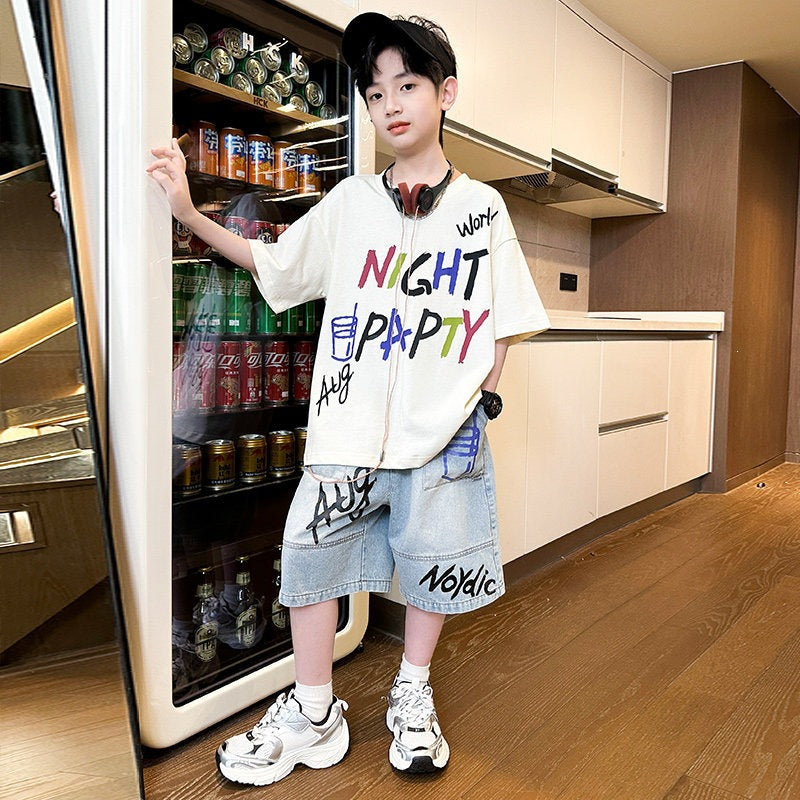 Short-sleeved Denim Medium Large Boy Thin Type Children's Suit