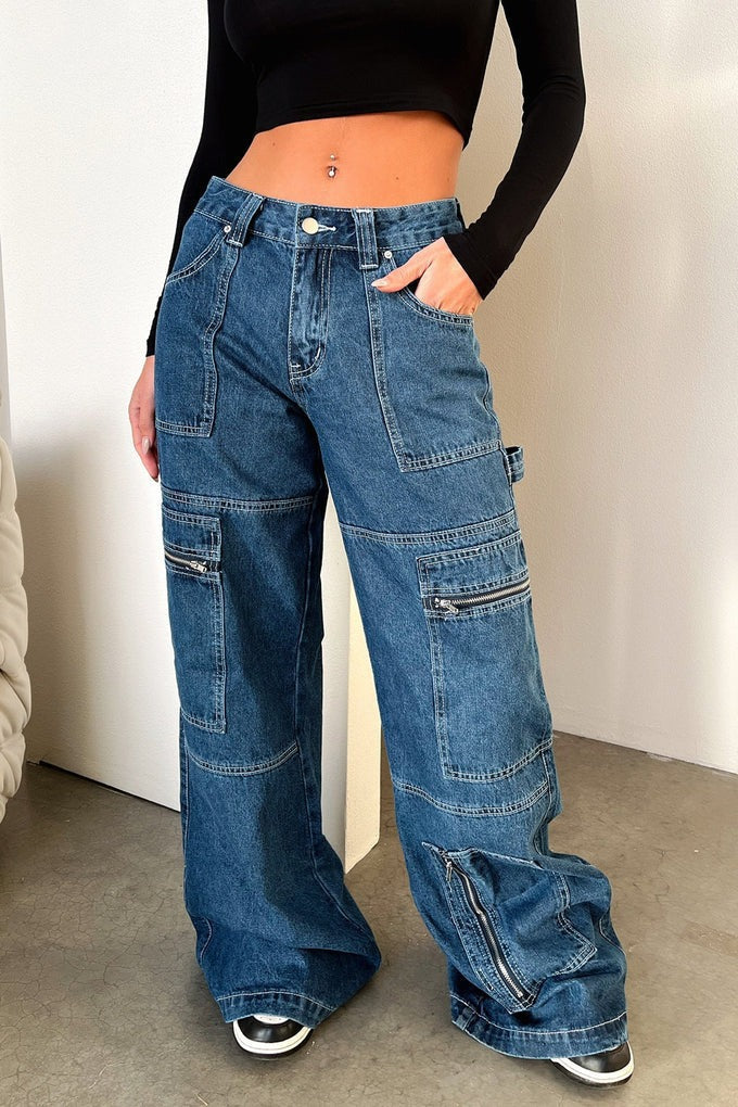 Women's American Retro High Waist Work Clothes Wide Leg Mopping Design Jeans