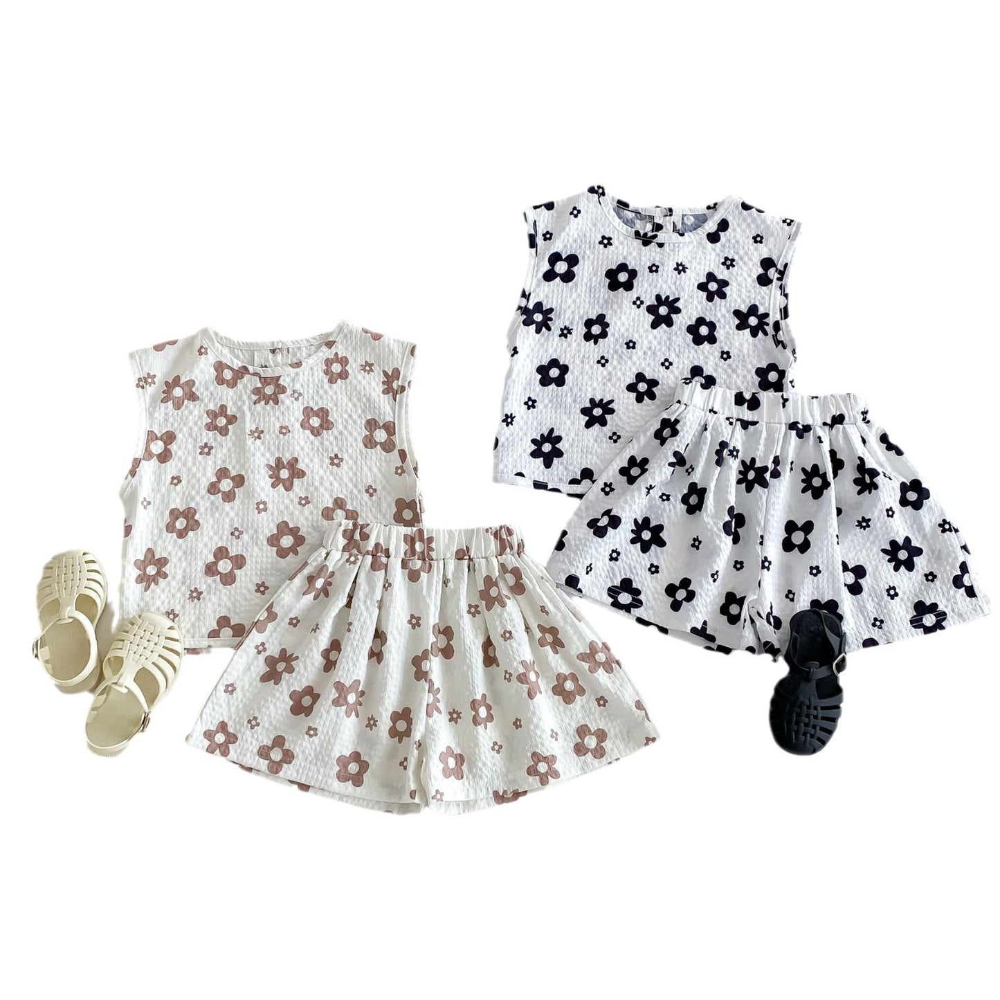 Western Flower Print Thin Shorts Short Sleeve Children's Suit