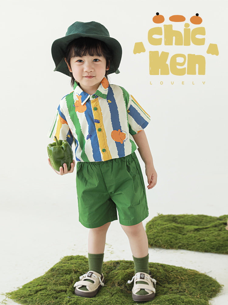 Summer Striped Lapel Shirt Lightweight Shorts Hooded Jacket Children's Suit
