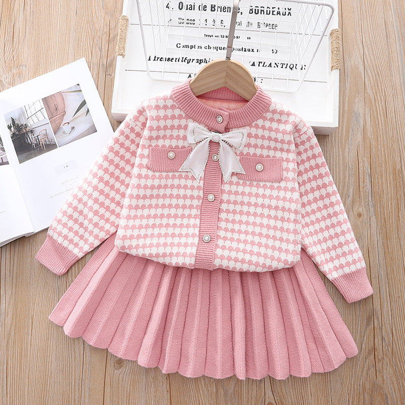 Korean Style Sweater Cardigan Skirt Knitted Crew Children's Suit