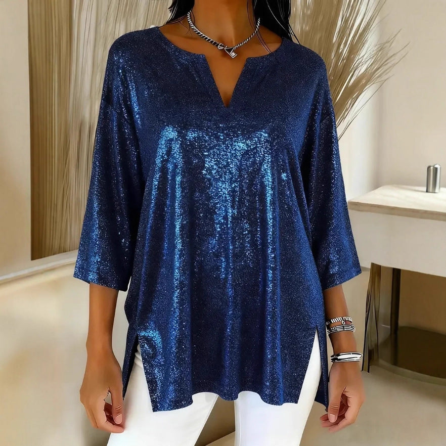 Women's Shiny Loose Long Sleeve Split Cropped Tops