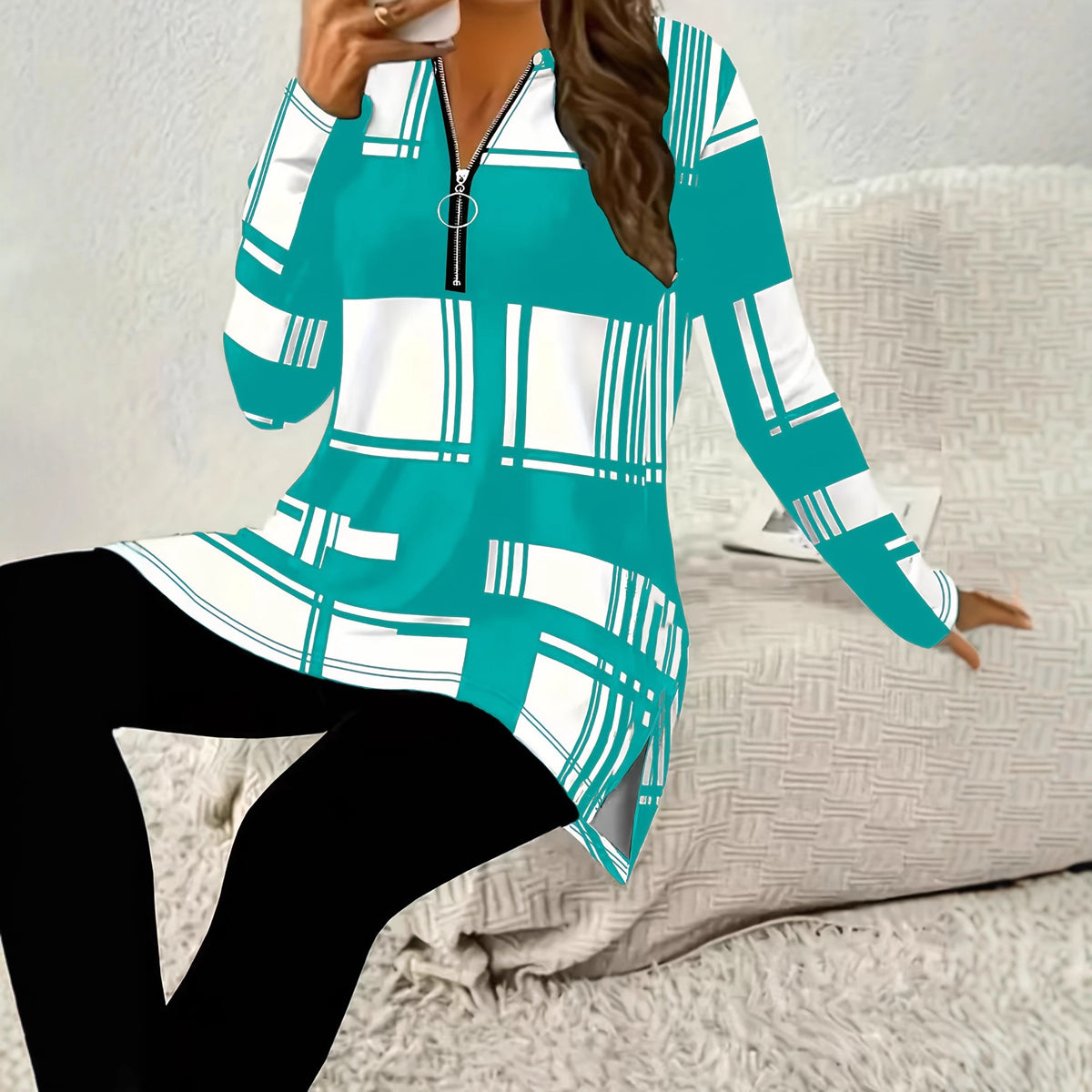 Women's Elegant Color Block Long Sleeve Zipper Shirt Digital Large Size T-shirt
