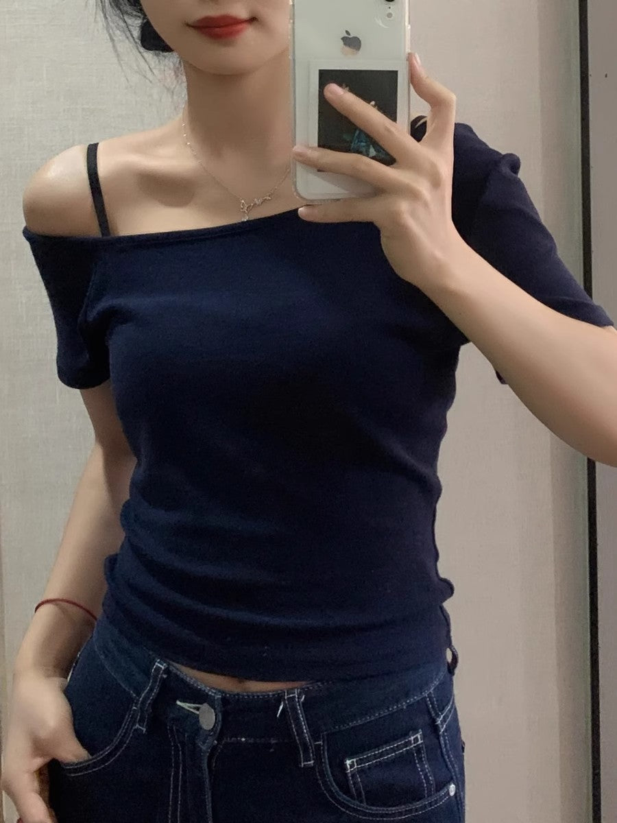 Simple Pure Style Elegant Sexy Hot Exposed Shoulder Sleeve Women's T-shirt