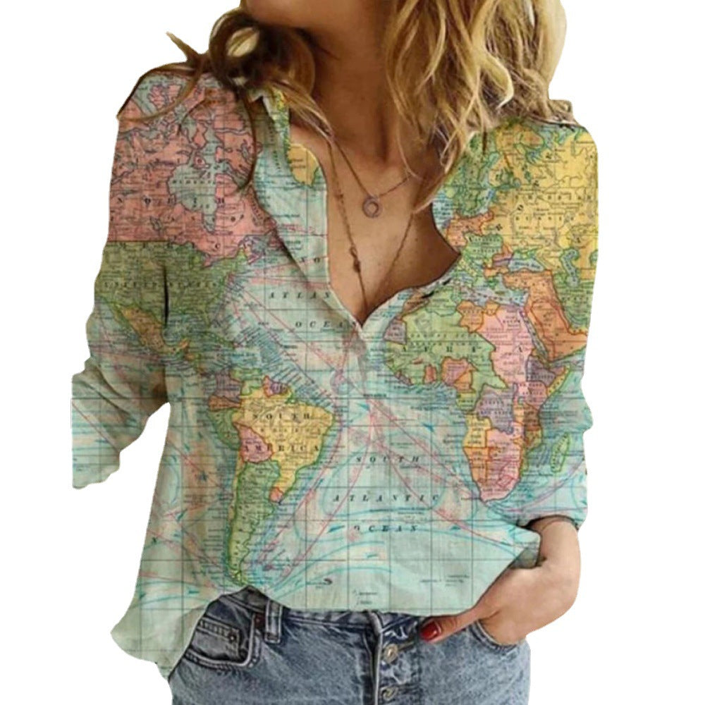 Women's Shirt Map Depicting Printed Long-sleeved Blouse