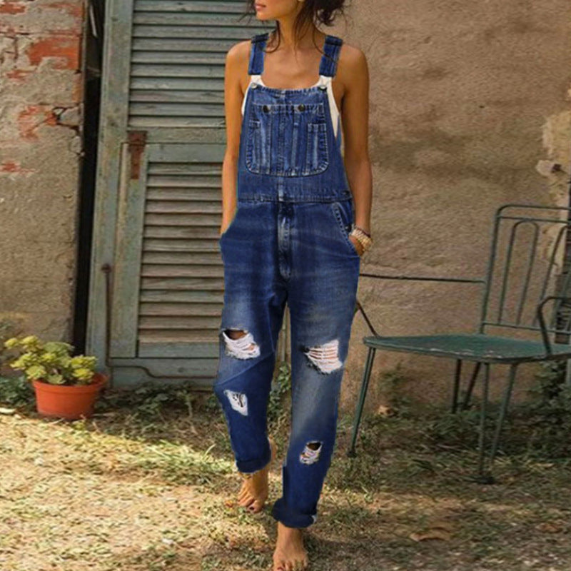 Women's Washed Cut Straight Casual Suspenders Ripped Women's Jeans